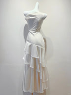 Elegant White Mermaid Ruffle Satin Prom Dress Evening Dress Bridesmaid Dress