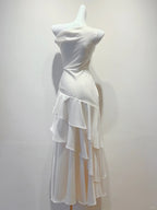 Elegant White Mermaid Ruffle Satin Prom Dress Evening Dress Bridesmaid Dress