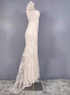 Elegant White Mermaid Spaghetti Strap Lace Slit Long Prom Dress Evening Dress