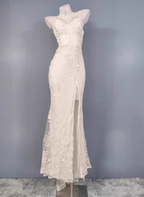 Elegant White Mermaid Spaghetti Strap Lace Slit Long Prom Dress Evening Dress