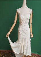 Elegant White Mermaid Spaghetti Strap U-Neck 3D Foral Embroidery Chiffon Prom Dress Evening Dress
