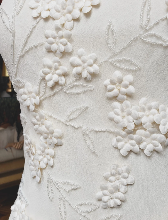 Elegant White Mermaid Spaghetti Strap U-Neck 3D Foral Embroidery Chiffon Prom Dress Evening Dress