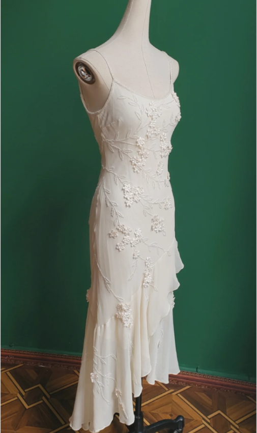 Elegant White Mermaid Spaghetti Strap U-Neck 3D Foral Embroidery Chiffon Prom Dress Evening Dress