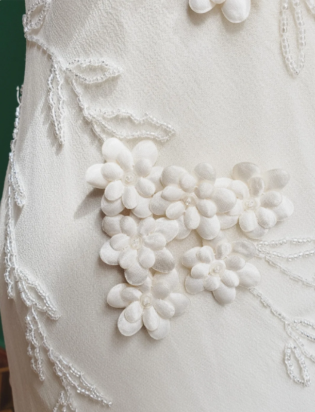 Elegant White Mermaid Spaghetti Strap U-Neck 3D Foral Embroidery Chiffon Prom Dress Evening Dress