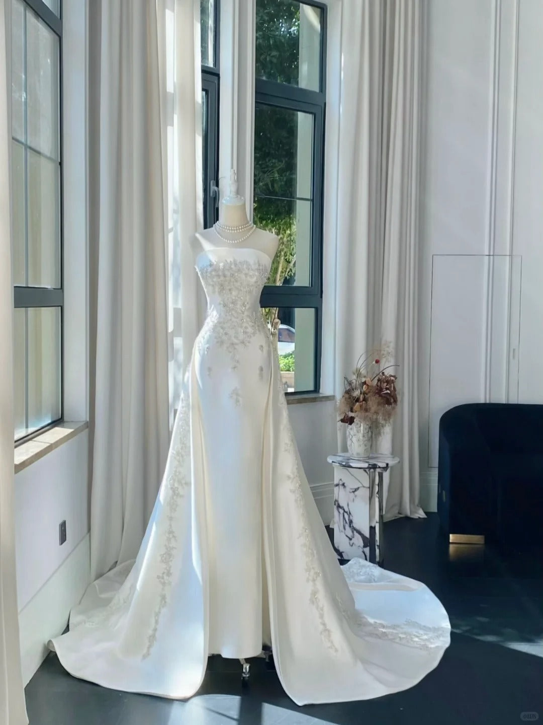 Elegant White Mermaid Strapless Beaded Satin Wedding Dress With Train Secondary image