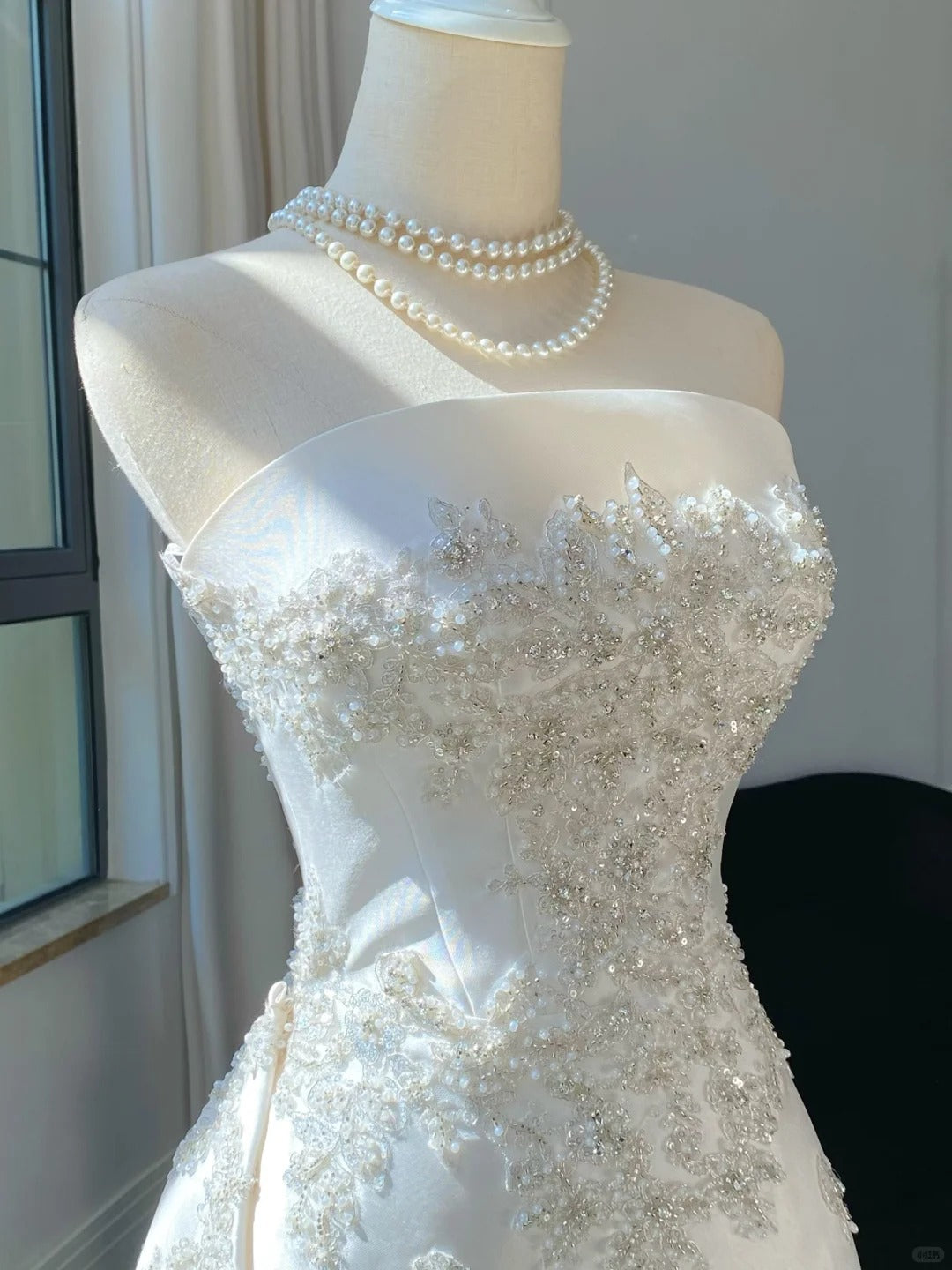 Elegant White Mermaid Strapless Beaded Satin Wedding Dress With Train