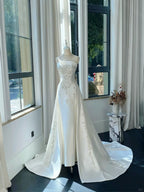 Elegant White Mermaid Strapless Beaded Satin Wedding Dress With Train
