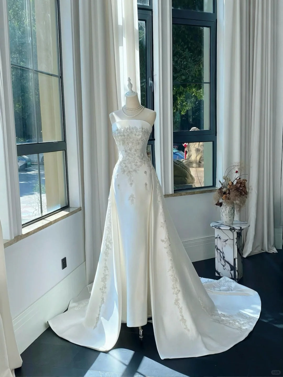 Elegant White Mermaid Strapless Beaded Satin Wedding Dress With Train