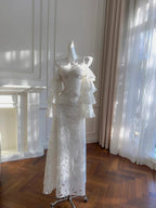 Elegant White Mermaid Strapless Off-The-Shoulder Lace Long Prom Dress Evening Dress