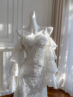 Elegant White Mermaid Strapless Off-The-Shoulder Lace Long Prom Dress Evening Dress