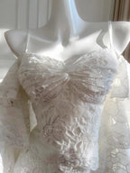 Elegant White Mermaid Strapless Off-The-Shoulder Lace Long Prom Dress Evening Dress