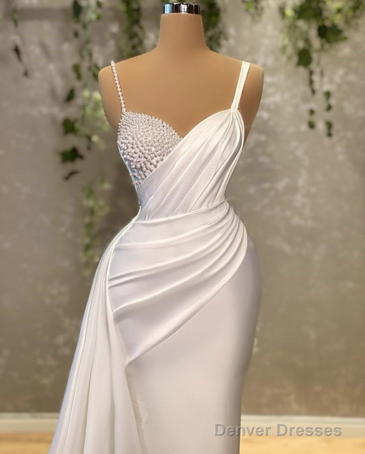 Elegant White Mermaid Sweetheart Satin Beaded Long Prom Dress Formal Spaghetti Strap Evening Gown Main image