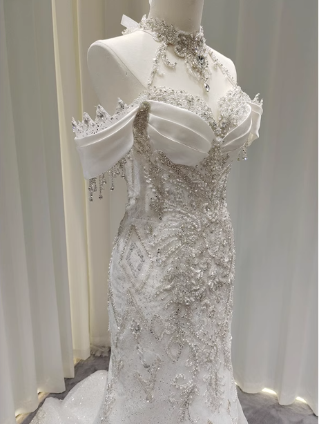 Elegant White Mermaid Train Halter Off-The-Shoulder Beaded Lace Tulle Prom Dress Evening Dress Secondary image