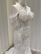Elegant White Mermaid Train Halter Off-The-Shoulder Beaded Lace Tulle Prom Dress Evening Dress