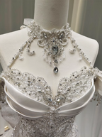 Elegant White Mermaid Train Halter Off-The-Shoulder Beaded Lace Tulle Prom Dress Evening Dress