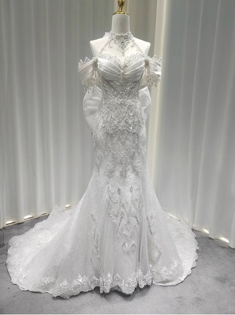 Elegant White Mermaid Train Halter Off-The-Shoulder Beaded Lace Tulle Prom Dress Evening Dress