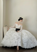 Elegant White Off-Shoulder Lace Mesh Ball Gown Wedding Dress