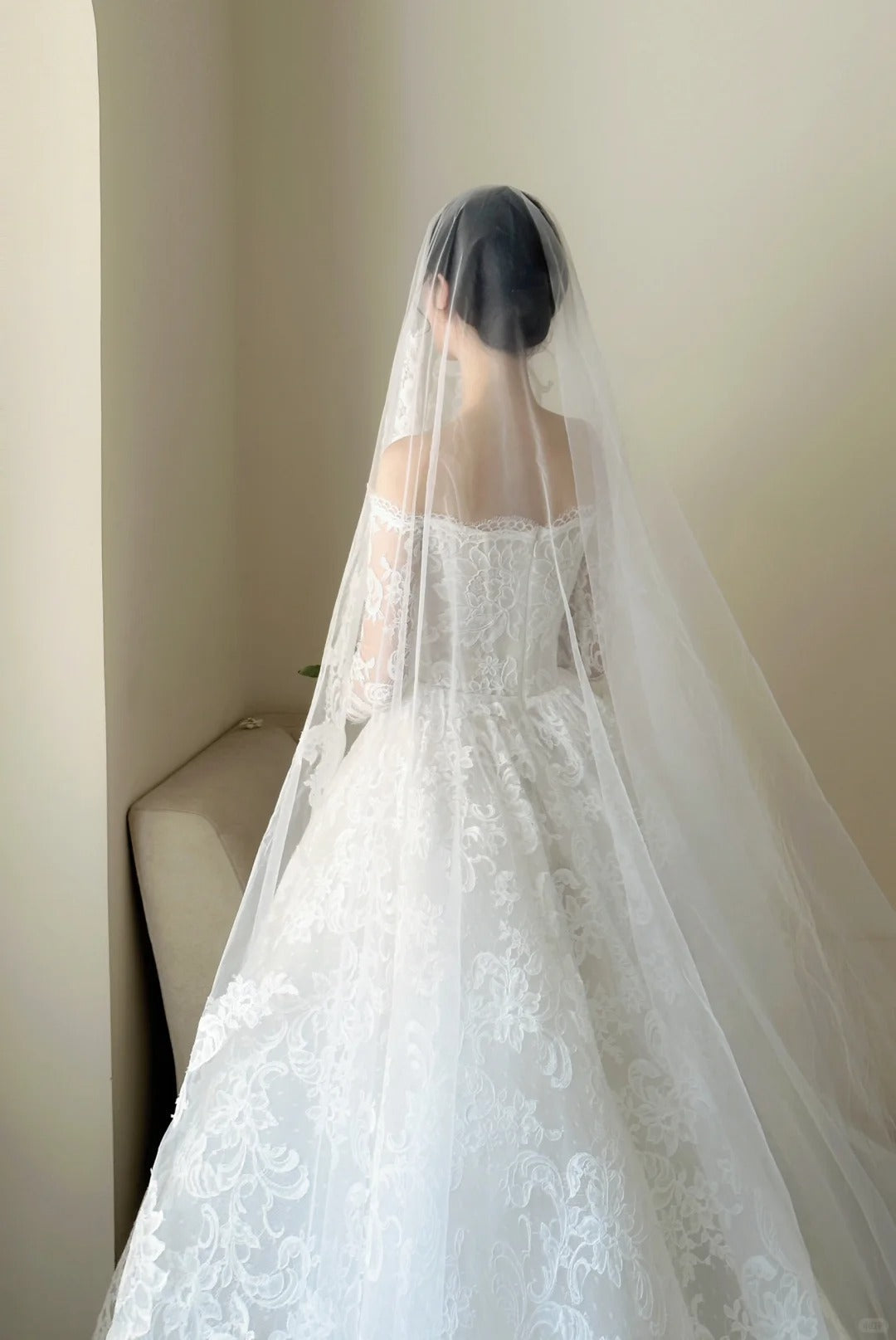 Elegant White Off-Shoulder Lace Mesh Ball Gown Wedding Dress