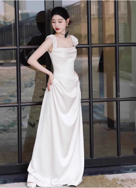Elegant White Off-The-Shoulder Satin Long Prom Dress Evening Dress Wedding Dress