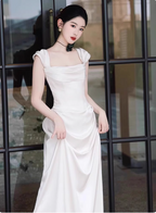 Elegant White Off-The-Shoulder Satin Long Prom Dress Evening Dress Wedding Dress