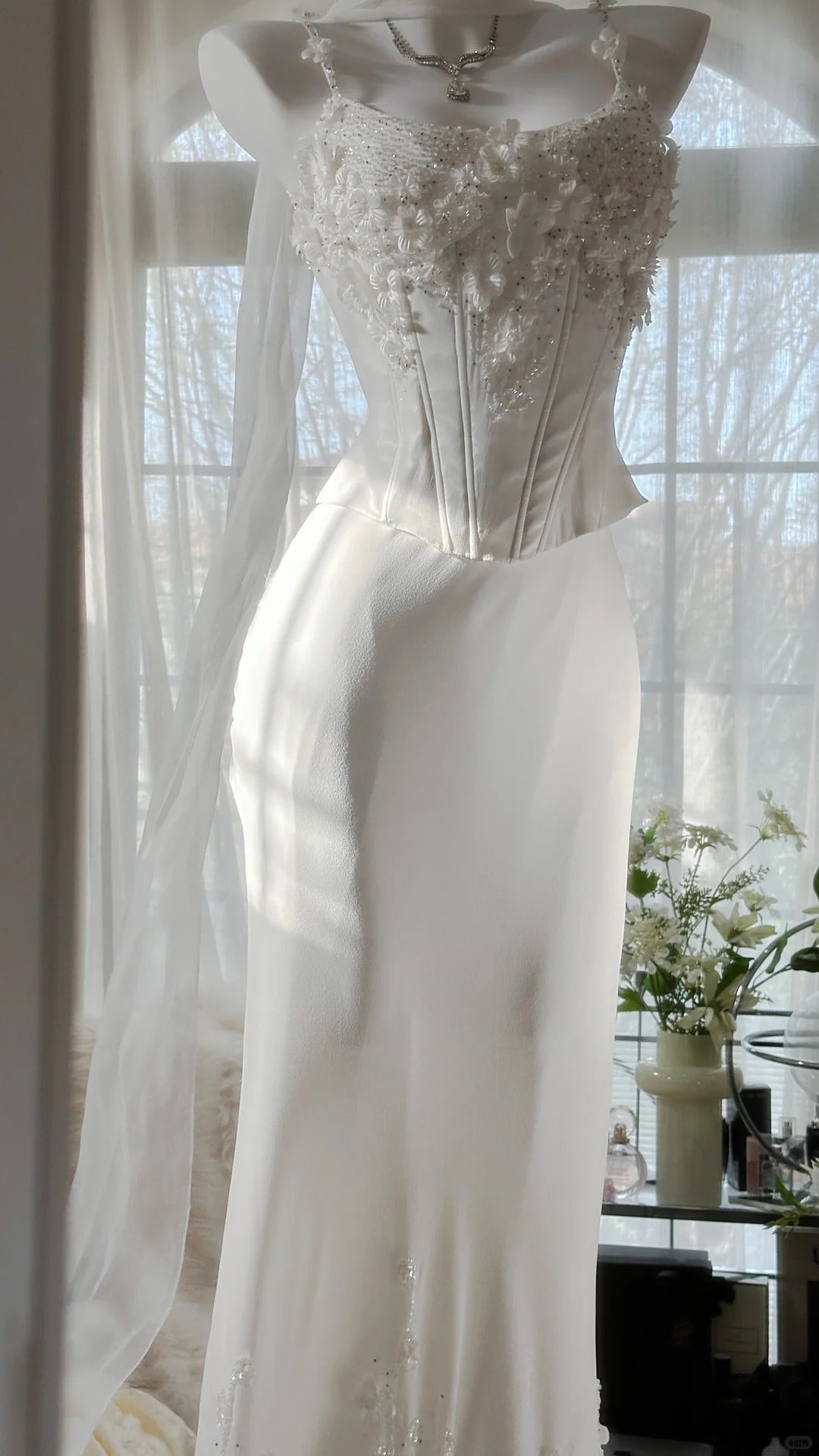 Elegant White Strap Herringbone Beaded Chiffon Evening Gown Prom Dress