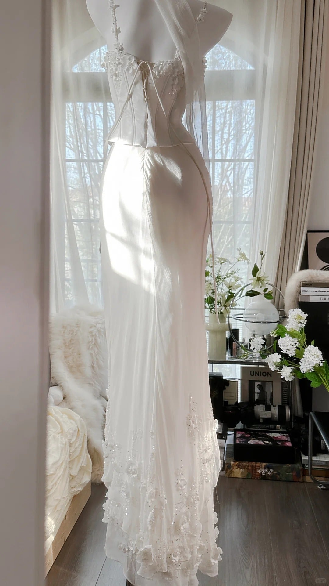 Elegant White Strap Herringbone Beaded Chiffon Evening Gown Prom Dress