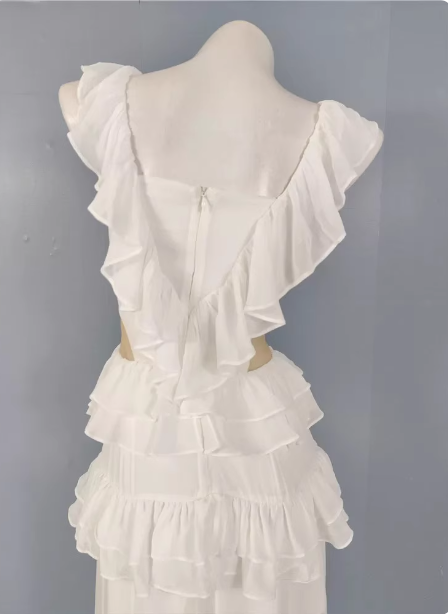 Elegant White V-Neck Ruffled Chiffon Long Prom Dress Evening Dress