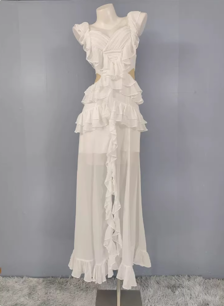Elegant White V-Neck Ruffled Chiffon Long Prom Dress Evening Dress Main image