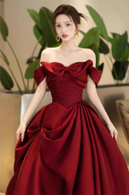 Elegant Burgundy A-Line Off-The-Shoulder Bow-Embellished Satin Long Prom Dress Evening Dress