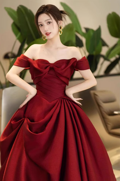 Elegant Burgundy A-Line Off-The-Shoulder Bow-Embellished Satin Long Prom Dress Evening Dress