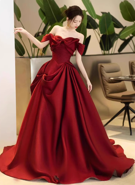Elegant Burgundy A-Line Off-The-Shoulder Bow-Embellished Satin Long Prom Dress Evening Dress Main image