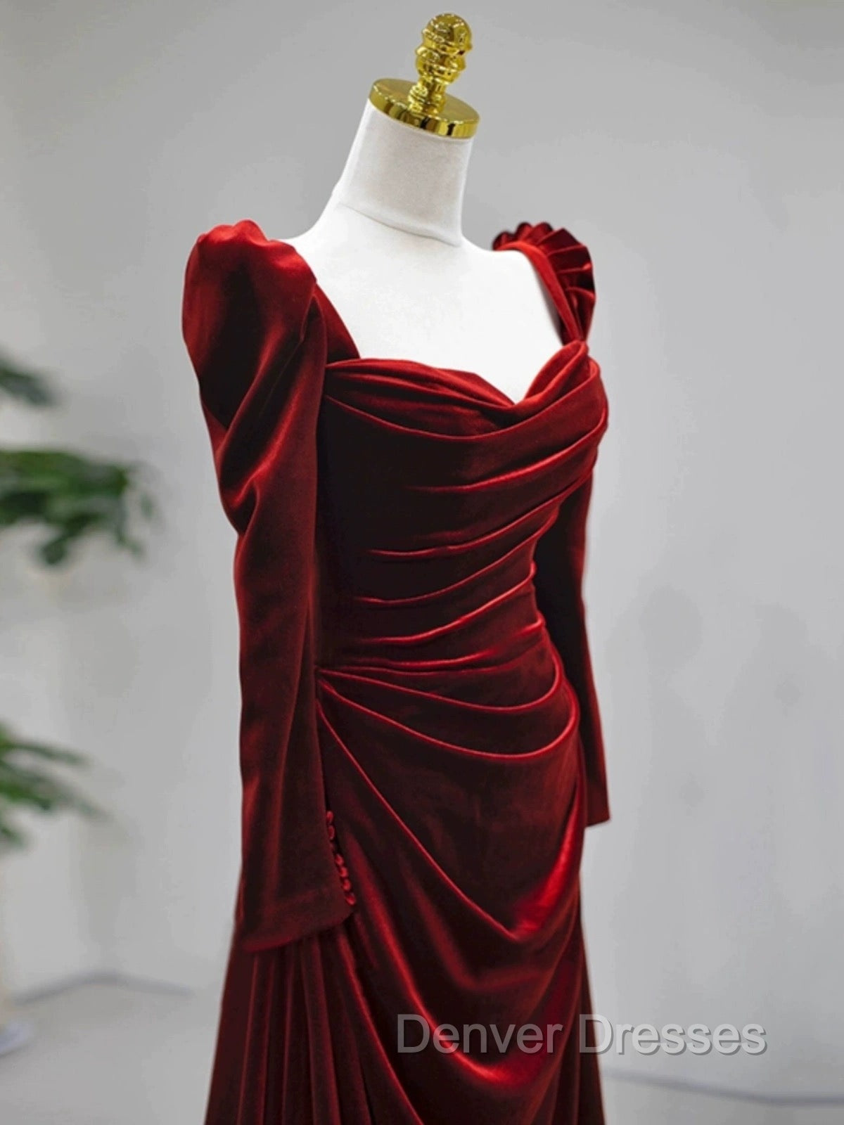 Elegant Wine Red Velvet Long Sleeves Formal Dress, Formal Wedding Party Dress Secondary image