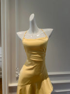 Elegant Yellow Irregular Halter Neck Satin Short Front Long Back Prom Dress