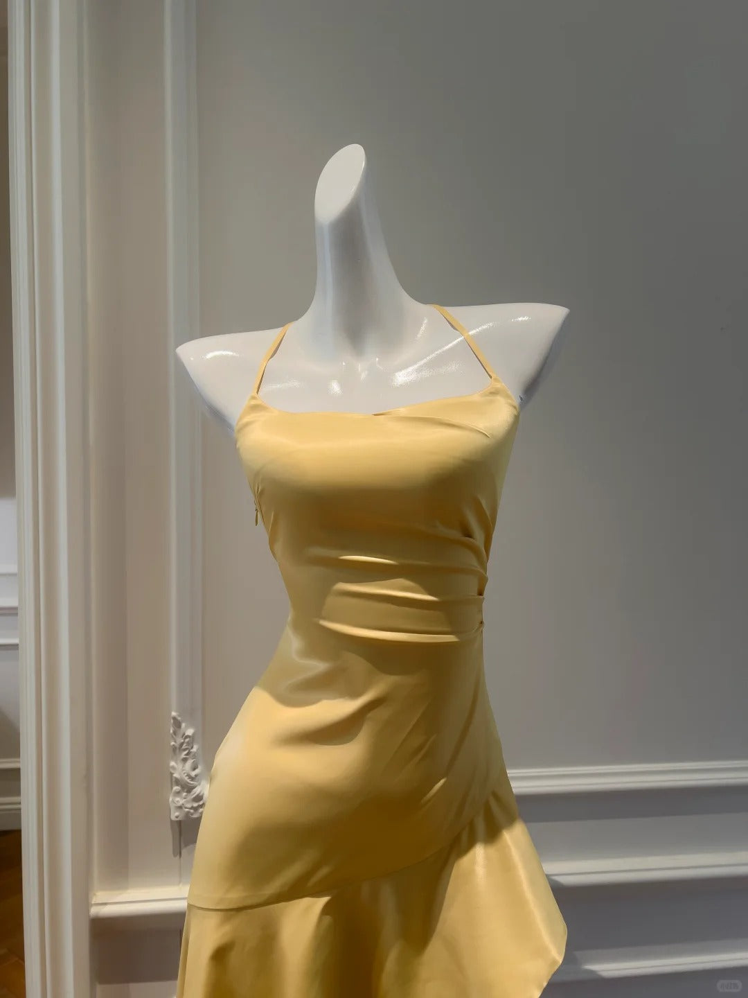 Elegant Yellow Irregular Halter Neck Satin Short Front Long Back Prom Dress