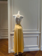 Elegant Yellow Irregular Halter Neck Satin Short Front Long Back Prom Dress