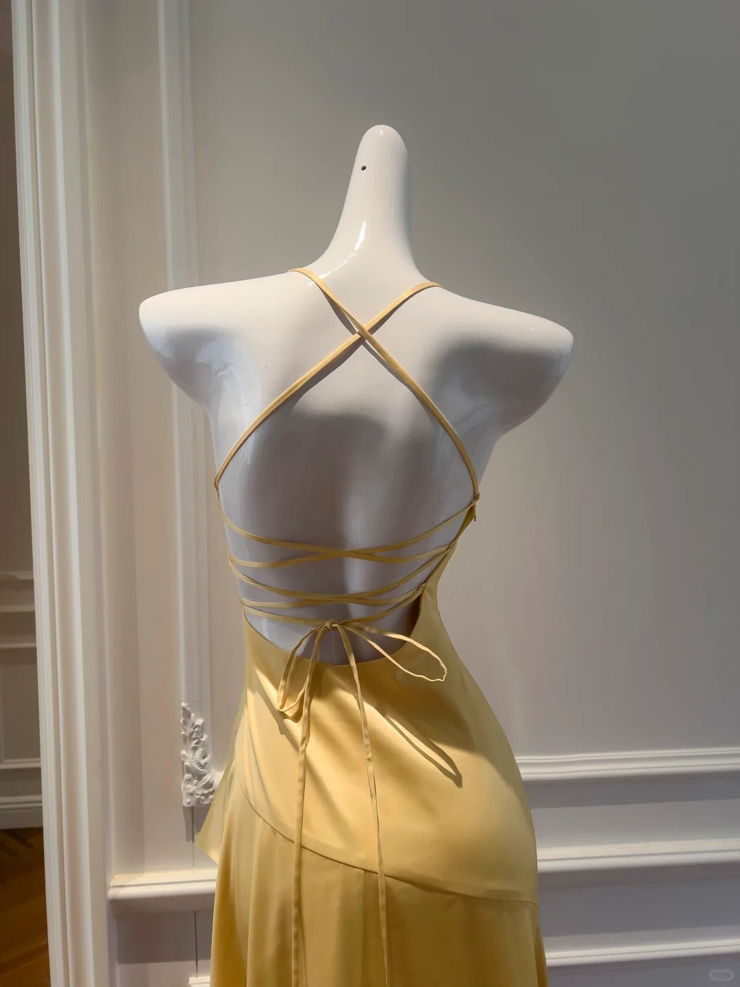 Elegant Yellow Irregular Halter Neck Satin Short Front Long Back Prom Dress