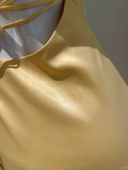 Elegant Yellow Irregular Halter Neck Satin Short Front Long Back Prom Dress