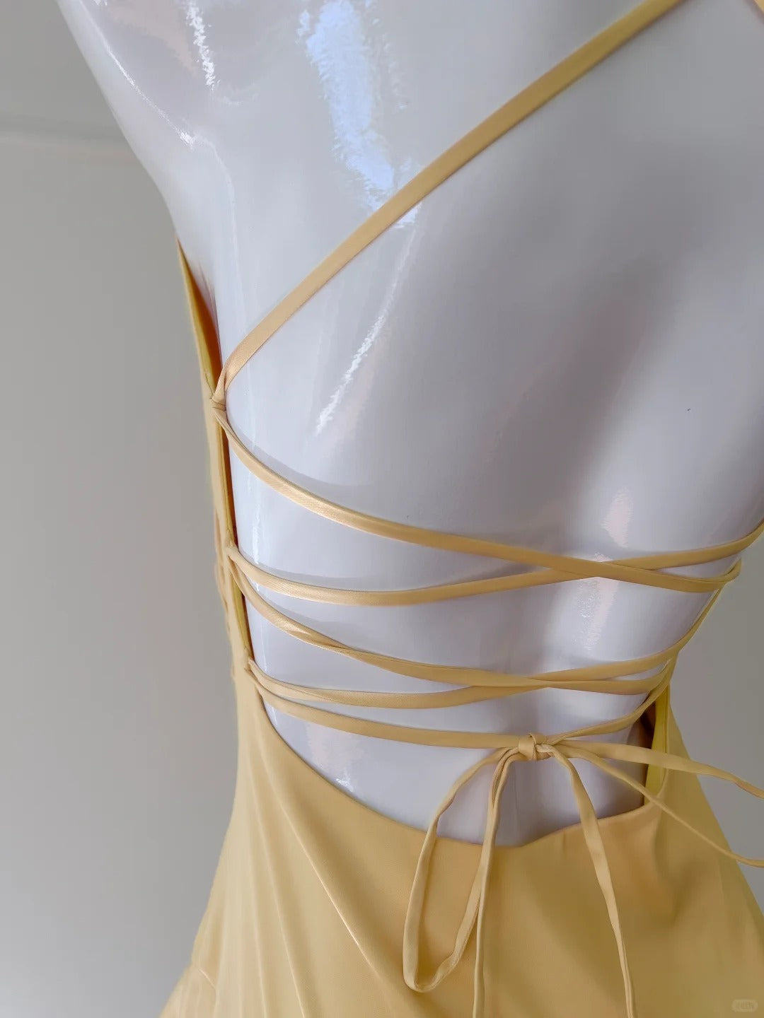 Elegant Yellow Irregular Halter Neck Satin Short Front Long Back Prom Dress