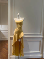 Elegant Yellow Irregular Halter Neck Satin Short Front Long Back Prom Dress