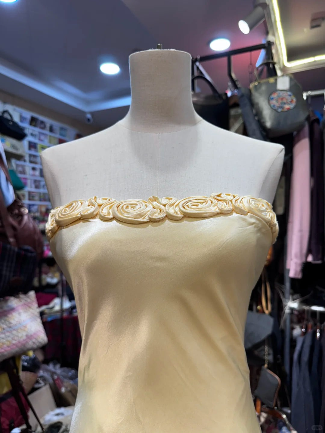 Elegant Yellow Mermaid Strapless Three-Dimensional Floral Satin Long Prom Dress Evening Dress Bridesmaid Dress