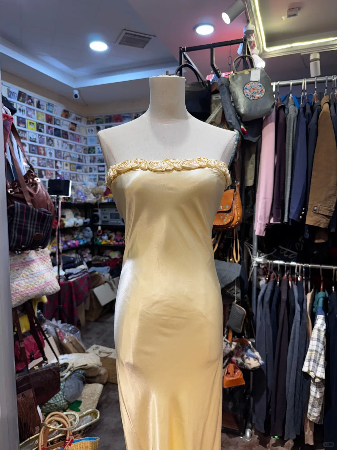 Elegant Yellow Mermaid Strapless Three-Dimensional Floral Satin Long Prom Dress Evening Dress Bridesmaid Dress