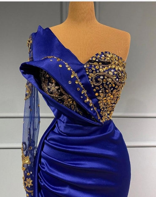 Elgeant Royal Blue One Shoulder Mermaid Prom Dresses With Sleeves Secondary image