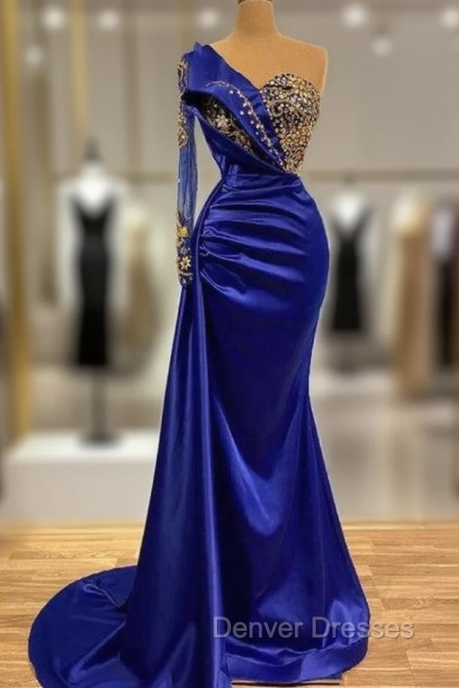Elgeant Royal Blue One Shoulder Mermaid Prom Dress with Sleeves Main image