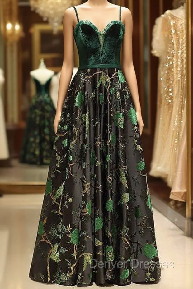 Embroidery Green Floral Long Prom Evening Dress Main image