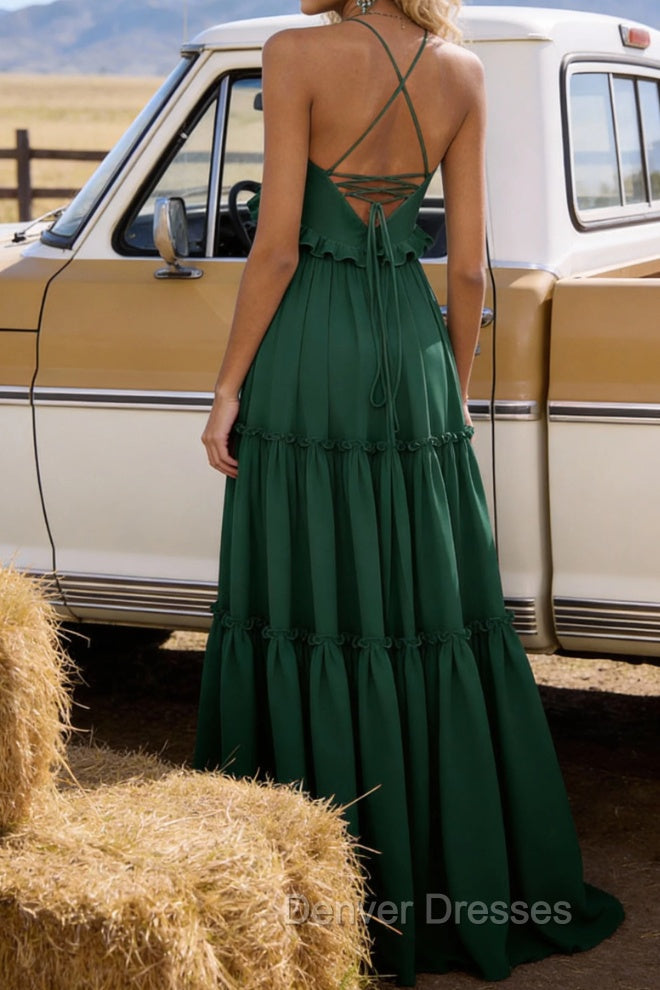 Emerald Green A-line V Neck Sleeveless Floor-Length Chiffon Prom Dress Long Prom Dresses Backless with Pleated Ruffles Secondary image
