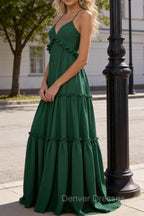 Emerald Green A-line V Neck Sleeveless Floor-Length Chiffon Prom Dress Long Prom Dresses Backless with Pleated Ruffles