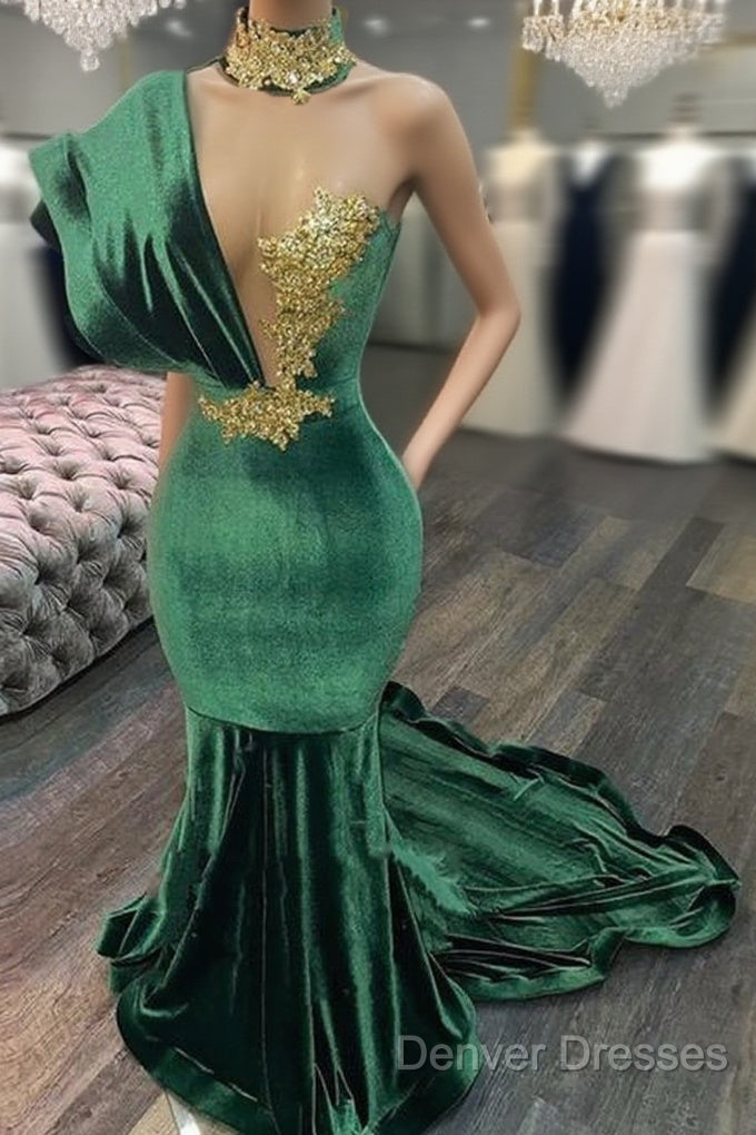 Emerald Green Evening Dress High Neck Appliques Gold Lace Mermaid Prom Dress Sexy Formal Velvet Party Gowns