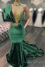 Emerald Green Evening Dress High Neck Appliques Gold Lace Mermaid Prom Dress Sexy Formal Velvet Party Gowns