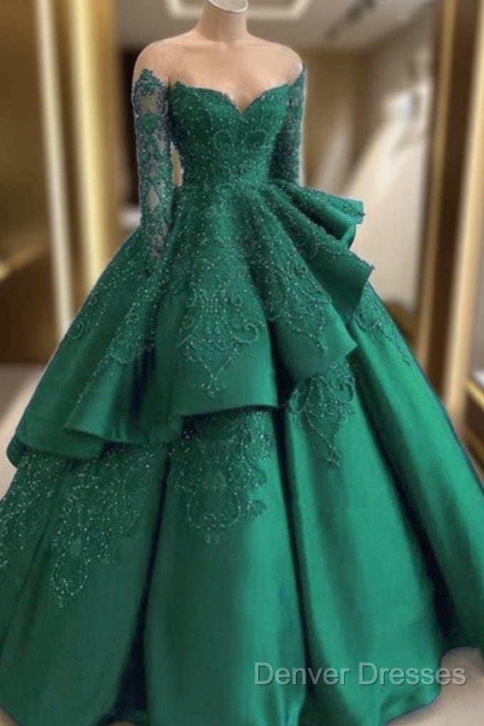 Emerald Green Prom Dress Long Sleeves Green Ball Gown Prom Dress Main image