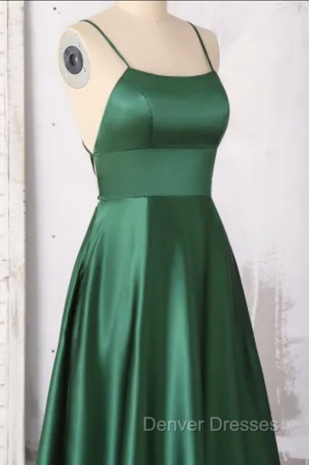 Emerald Green Prom Dress, Strappy Back Slit Simple Satin Prom Dress Secondary image